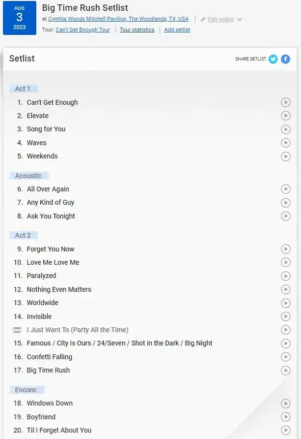 Big Time Rush Can't Get Enough Tour Setlist
