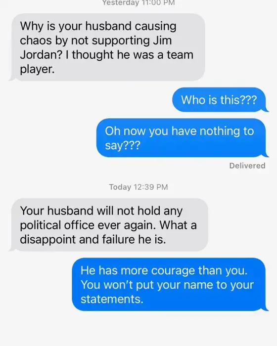 231018 text 1of2 ac 659p d2f3ce Jim Jordan Lost More Votes in Round Two. Listen to the Threating Voicemail Targeting the Wife of Republican Congressman Who Did Not Vote For Him.
