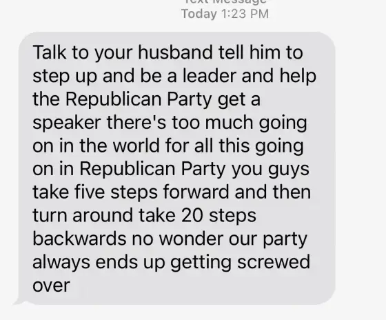 231018 text 2of2 ac 659p 28da40 Jim Jordan Lost More Votes in Round Two. Listen to the Threating Voicemail Targeting the Wife of Republican Congressman Who Did Not Vote For Him.