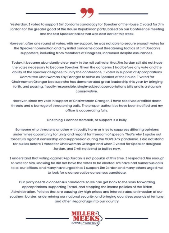 Jim Jordan Miller Meeks Letter Jim Jordan Lost More Votes in Round Two. Listen to the Threating Voicemail Targeting the Wife of Republican Congressman Who Did Not Vote For Him.
