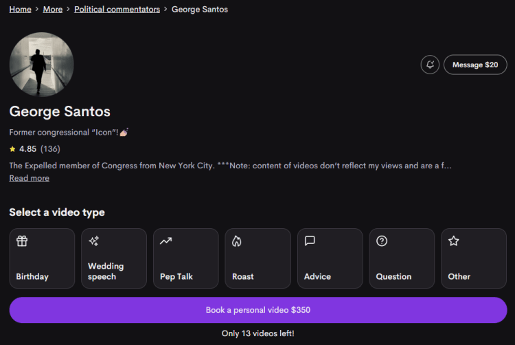 Screenshot 2024 01 11 003551 George Santos Joins Cameo and Charges More Money than Brett Farve, Mick Foley, and Others for a Personalized Video