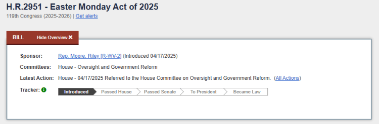 Legislation Easter Holiday