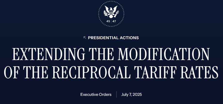 EXTENDING THE MODIFICATION OF THE RECIPROCAL TARIFF RATES Law and Order, College Athletes Compensation, Woke AI, and more Executive Orders from July 2025